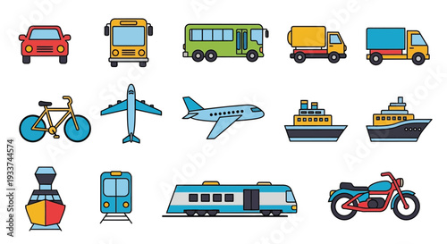 Colorful icons depicting various modes of transportation including vehicles and aircraft