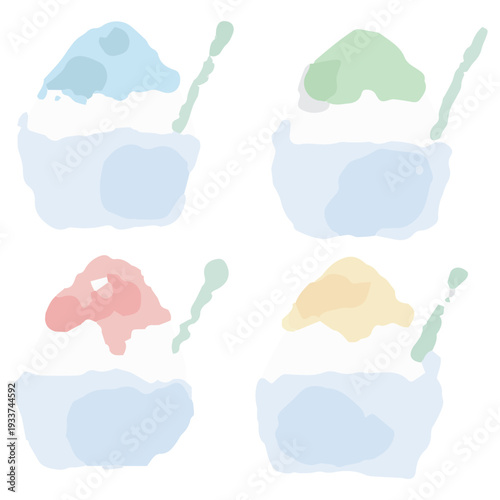 4色並んだかき氷のセット水彩イラスト 幼稚園・保育園向け8月のやさしい挿絵シリーズ