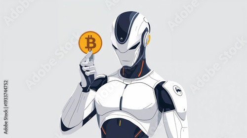 Vector illustration of futuristic human robot holding a bitcoin