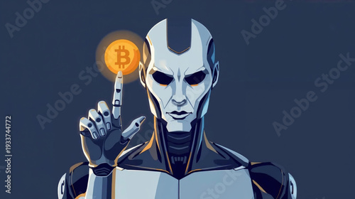 Vector illustration of futuristic human robot holding a bitcoin