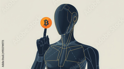 Vector illustration of futuristic human robot holding a bitcoin