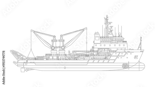 Ocean Exploration Vessel Blueprint: Meticulously detailed technical blueprint of a sophisticated ocean exploration vessel, highlighting its robust structure and advanced equipment.