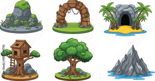 Fantasy landscape elements set with rocks cave tree house arch and mountain vector illustration isolated on light background