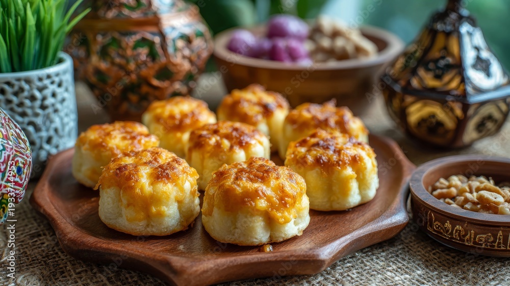 Fototapeta premium Traditional nastar cookies with grated cheese topping arranged for eid mubarak and ramadan celebration, festive islamic holiday dessert concept with golden pineapple tarts, seasonal sweets for muslim 