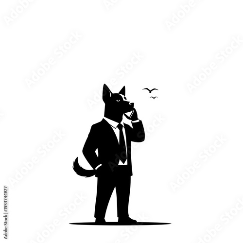 Businessman with Dog Head Silhouette Standing.