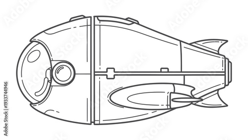 Underwater Vehicle: A sleek, top-down view of a futuristic submarine, designed for underwater exploration. Detailed blueprint style.