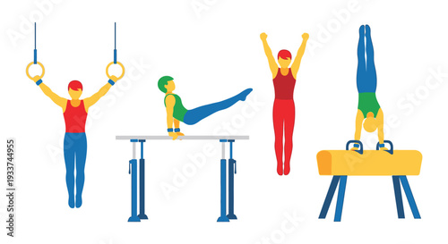Gymnastics athletes performing on rings parallel bars and balance beam