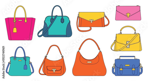 Colorful collection of various handbag styles arranged in a linear fashion