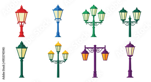 Collection of colorful vintage street lamps in a flat design style