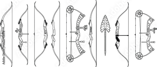 Archery bow and arrowhead icon set in black and white line art style, featuring traditional recurve and modern compound bows for sports and hunting design projects