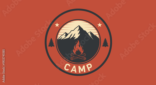 Vintage Camp Badge with Mountains and Campfire.