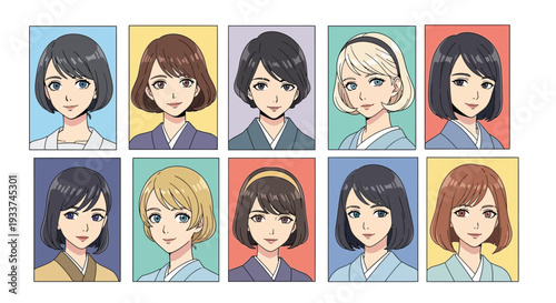 Nine anime style portraits of young women with varying hair colors and styles