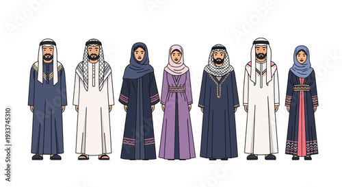 Illustration of six people in traditional middle eastern clothing