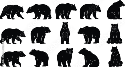 Bear silhouettes collection isolated on white background, black grizzly and brown bear vector set in walking, standing and sitting poses, wildlife animal illustration bundle.