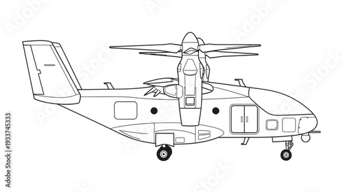 Vertical Takeoff Aircraft: Detailed outline of a futuristic aircraft, poised for vertical takeoff and showcasing cutting-edge technology. 