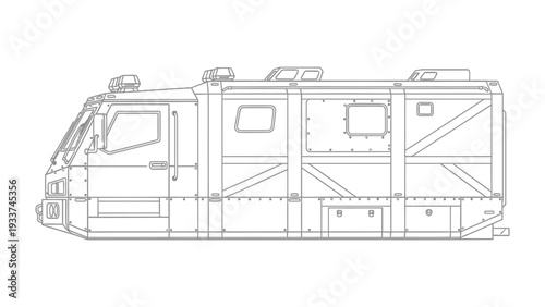 Detailed Line Art of a Vehicle: A meticulously crafted line drawing of a unique vehicle, highlighting its structure and intricate design.