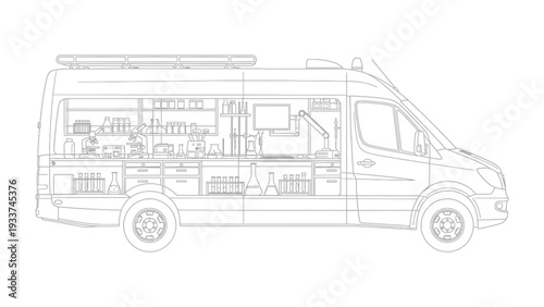 Mobile Laboratory: Detailed illustration reveals the interior of a mobile laboratory. The design incorporates all the necessary equipment for on-the-go scientific research and analysis.