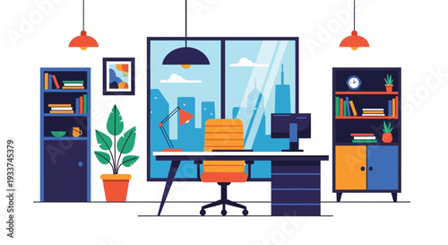 Modern office interior with a city view and minimalist decor