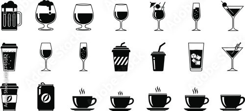 Beverage icon collection featuring coffee cups, beer mugs, wine glasses and cocktails, black silhouette drink symbols set isolated on white background vector illustration