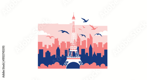 Eiffel Tower Paris Skyline with Birds and Clouds, Flat Design