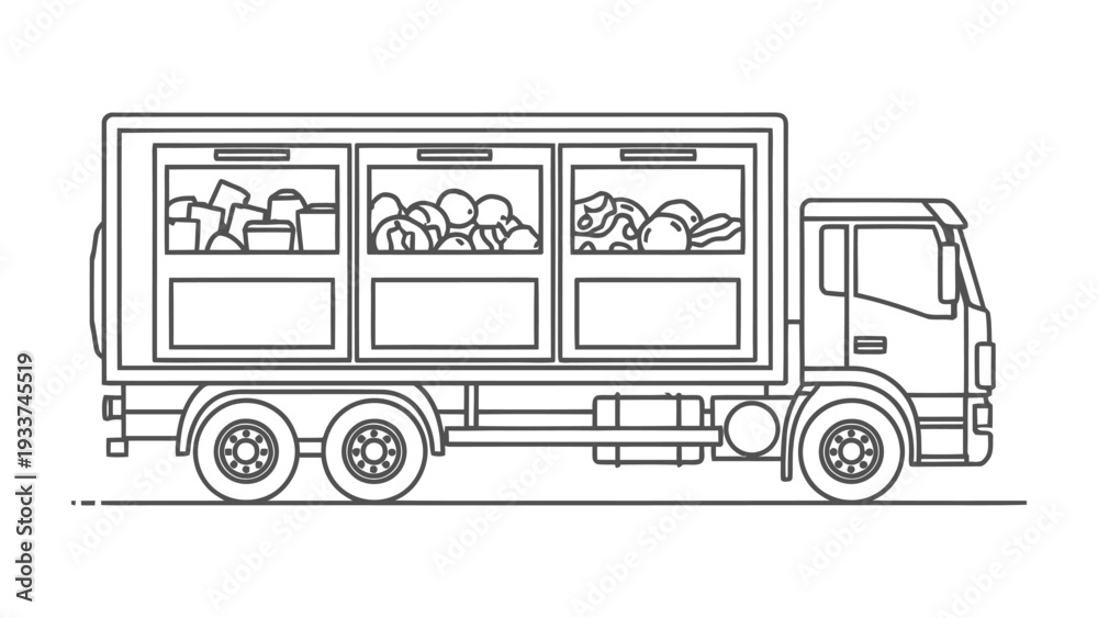 Fototapeta premium Illustration of Delivery Truck: A meticulously drawn side view of a delivery truck, showcasing its design and functionality, loaded with various cargo compartments.