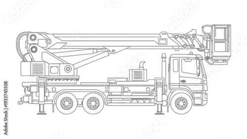 Aerial Work Platform: Detailed line art illustration of an aerial work platform, emphasizing its robust design and functionality for elevated tasks.