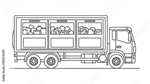 Illustration of Delivery Truck: A meticulously drawn side view of a delivery truck, showcasing its design and functionality, loaded with various cargo compartments.
