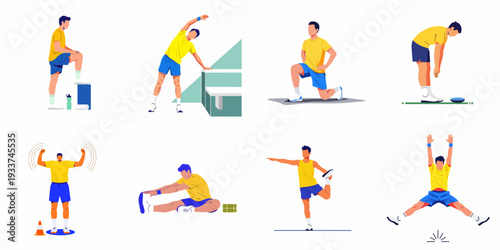 Fitness man demonstrates a range of stretching and exercise routines for health and active lifestyle.