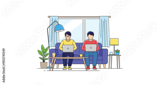 Two men working on laptops while sitting on a blue sofa indoors