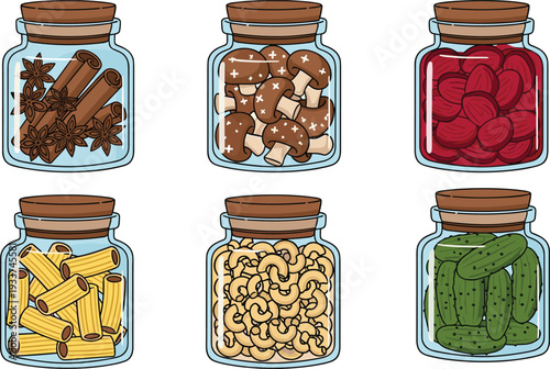 Glass jars with spices vegetables and pasta vector illustration set, food storage containers isolated on white background kitchen collection