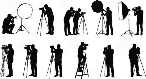 Professional Photographer and Videographer Silhouettes Set with Tripod, Studio Lighting, Softbox, Cameras, Ladders and Production Crew Equipment for Media Content Creation.