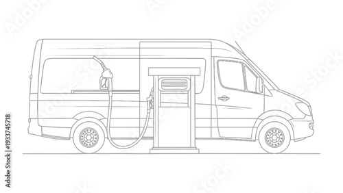 Fueling up: A commercial van refuels at a petrol station, a moment of transit and logistical efficiency captured in crisp detail.