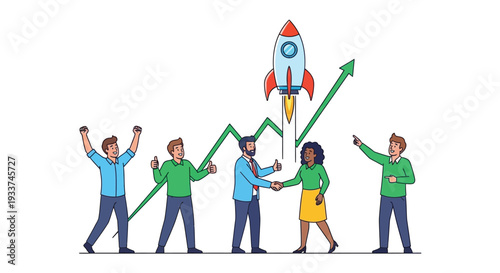 Team celebrating successful rocket launch and business growth with upward trend