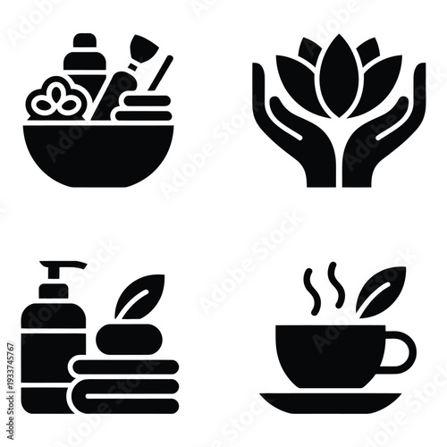 Wellness and spa icons: bath set, lotus flower in hands, massage oil bottles, and herbal tea.
