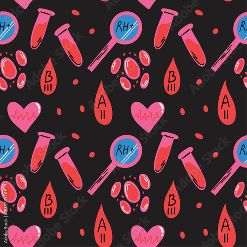 Blood test vector seamless pattern with cute funky cartoon illustrations of medical healthcare elements, blood types, donor awareness icons for world blood donor day
