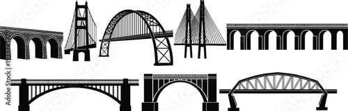 Black silhouette bridge collection featuring iconic arch, suspension, truss and aqueduct structures isolated on white background, architectural landmark vector illustration set