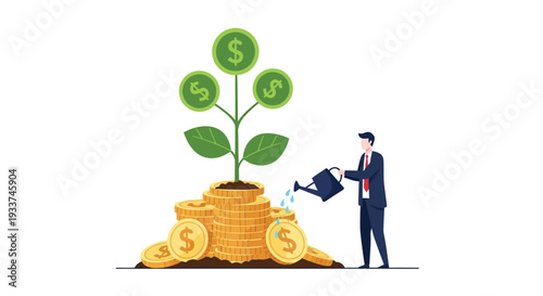 A businessman nurtures a plant growing from a stack of golden coins