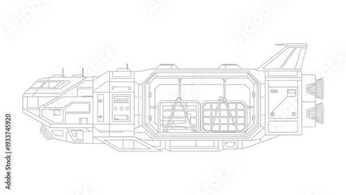 Starship Blueprint: A detailed technical drawing of a spacecraft, showcasing its intricate internal structure and design elements for interstellar travel. 