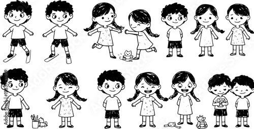 Black and white doodle illustrations of cheerful children playing and engaging in various activities: boys skateboarding, girls playing with a cat, drawing, and smiling kids.