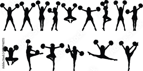 Cheerleader Silhouettes Collection with Pom Poms Dynamic Dance and Jump Poses Black and White Vector Illustration Set for Sport Spirit Design