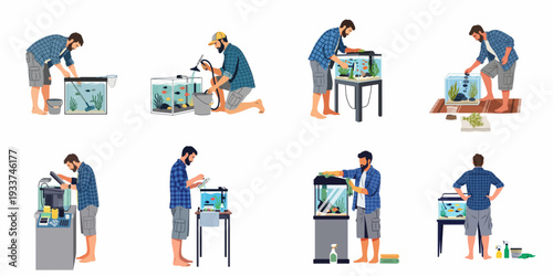 Detailed Aquarium Maintenance Guide: A Man Caring for His Fish Tank, Illustrating Cleaning, Setup, and Water Quality Testing Process.
