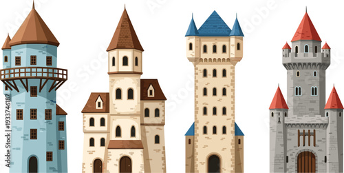 Medieval castle towers set fantasy architecture vector illustration isolated on light background historic fortress design collection