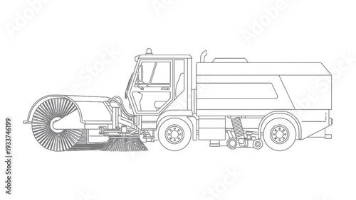 Street Sweeper Blueprint: A precise outline of a street sweeper, designed for urban maintenance. This image showcases the intricate mechanical details and engineering of a city maintenance vehicle.