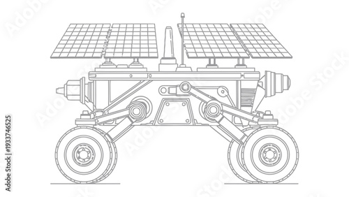Unmanned Rover Exploration: A detailed line drawing of a rover equipped with solar panels, designed for remote exploration of celestial bodies.
