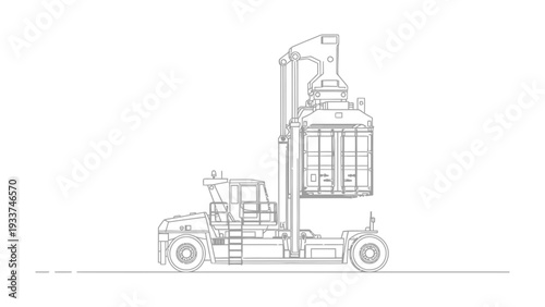 Heavy-Duty Container Lifter: A detailed line drawing showcases the robust functionality of a heavy-duty container lifter, emphasizing the machine's essential role in cargo handling and logistics.