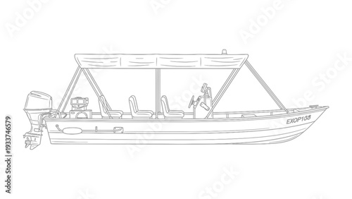 Modern Motorboat Sketch: A side view of a contemporary motorboat, meticulously outlined, perfect for illustrating boating concepts, water travel, and nautical designs. 