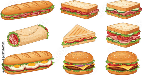 Sandwich and burger set with baguette wrap toast and hamburger vector illustration isolated on light background fast food collection