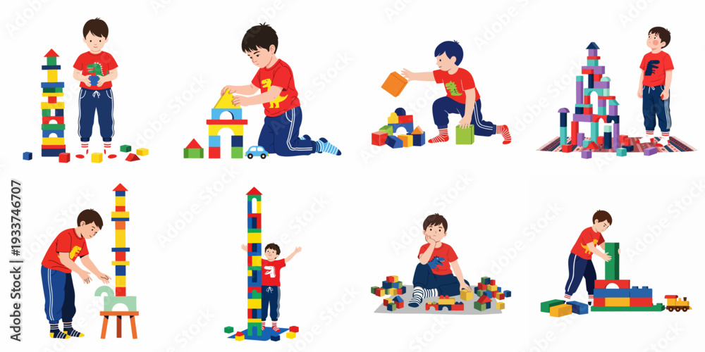 Fototapeta premium A young boy engaged in various activities with colorful building blocks, fostering creativity, learning, and imaginative play in early childhood.