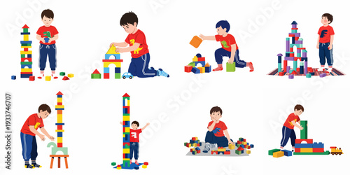 A young boy engaged in various activities with colorful building blocks, fostering creativity, learning, and imaginative play in early childhood.