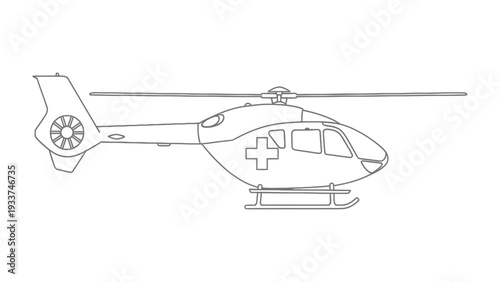 Emergency Helicopter: A detailed monochrome illustration of a medical helicopter, highlighting its role in emergency medical services and rescue operations.